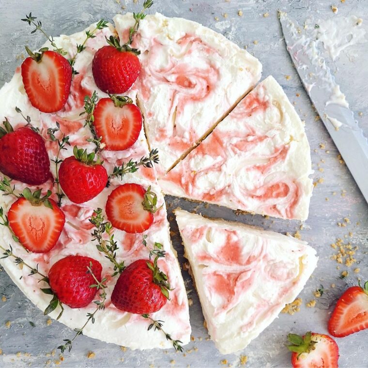 No Bake Strawberry Swirl Cheesecake with Pretzel Crust - Whisking Wolf